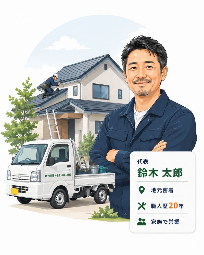地元の職人、軽トラ、住まいの工事を表したイラスト